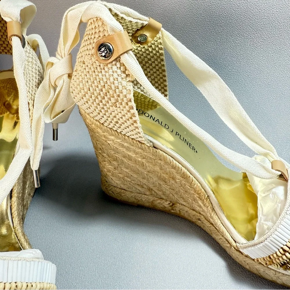Donald J. Pliner New Elsa Cream and Gold Beaded Wedge Espadrille Sandles